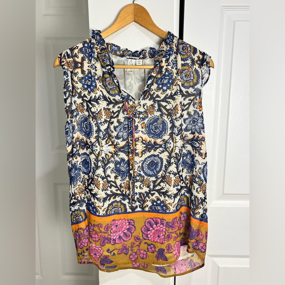 JOIE women top shirt blouse polyester metallic blue white sz M $278 Career